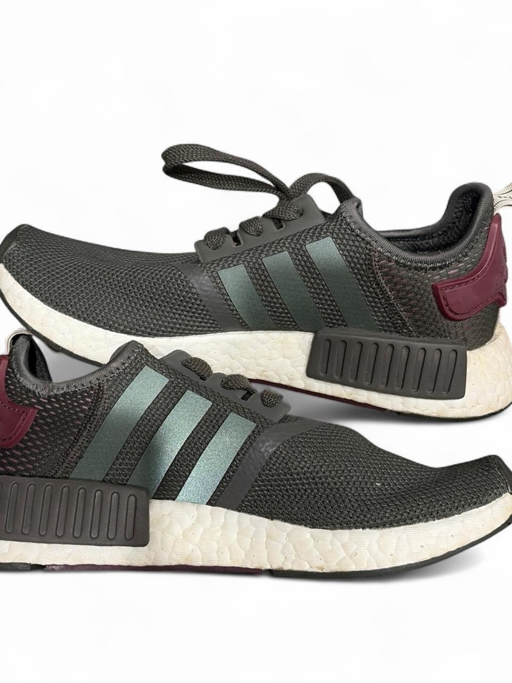 adidas sneaker detail in Black and Maroon with Silver trim